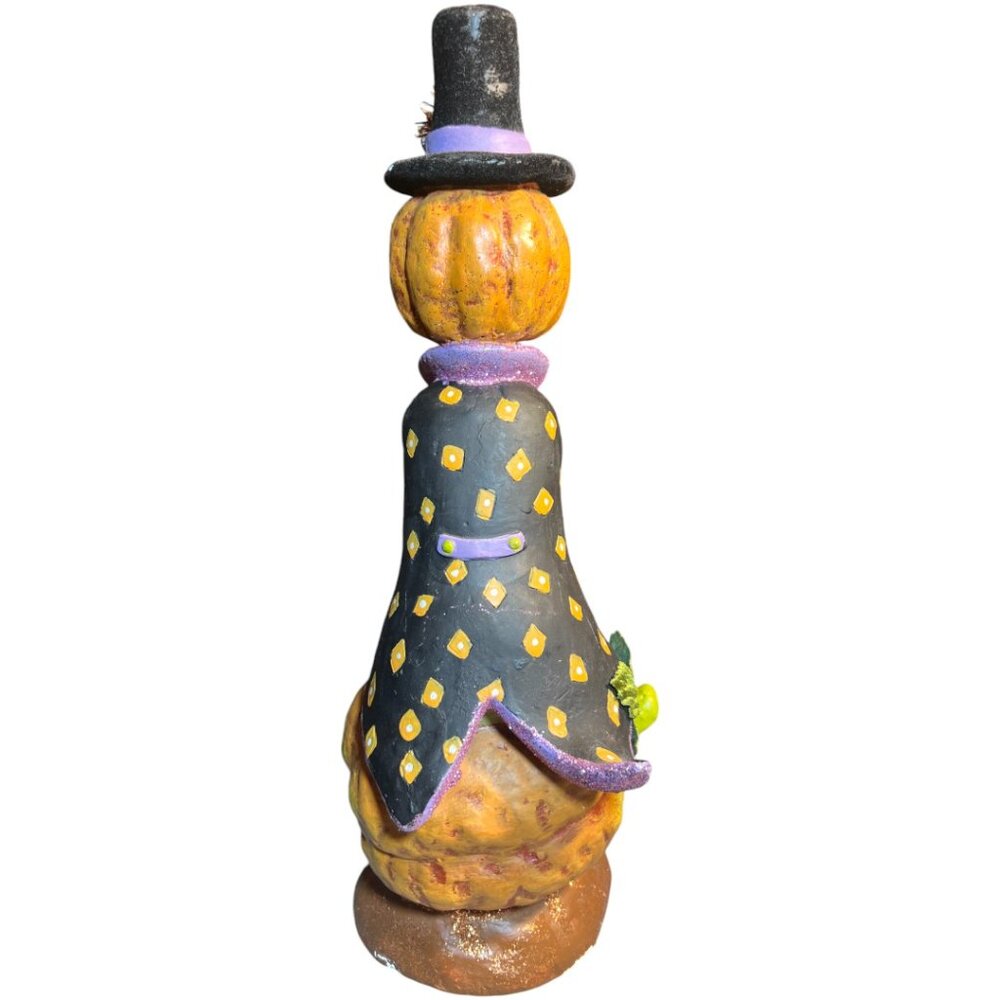 Folk Art Pumpkin Figurine Halloween Flocked Hat Whimsical Suit 12.5" tall x 6" d - Picture 7 of 16